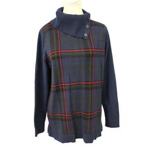 Talbots Watchplaid Turtle to Button or Not Sweater Size L Navy Red Good